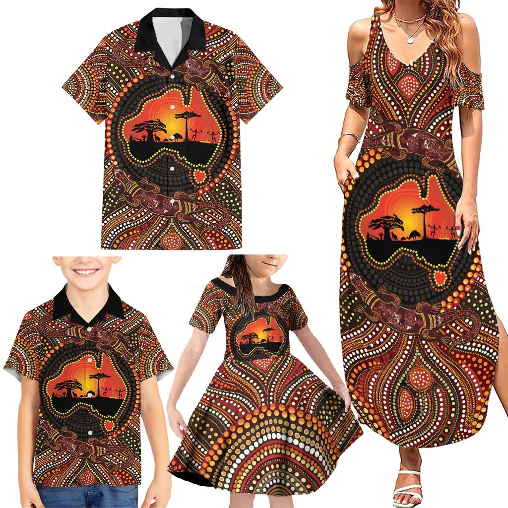 Lizard and Australia Map Family Matching Summer Maxi Dress and Hawaiian Shirt Aboriginal Dot Painting