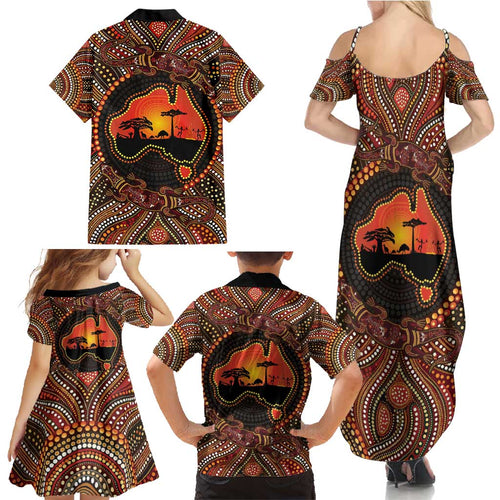 Lizard and Australia Map Family Matching Summer Maxi Dress and Hawaiian Shirt Aboriginal Dot Painting