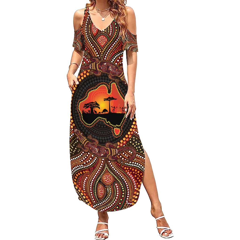 Lizard and Australia Map Family Matching Summer Maxi Dress and Hawaiian Shirt Aboriginal Dot Painting