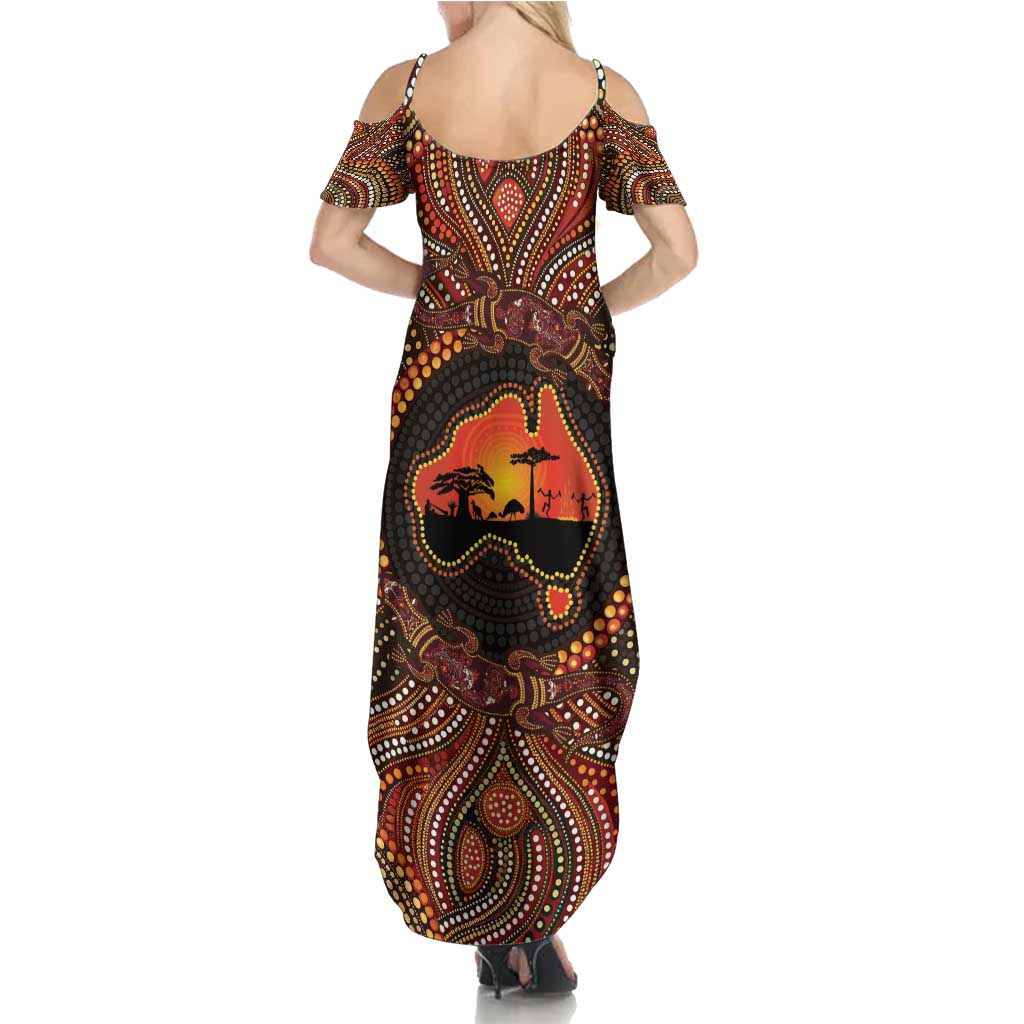 Lizard and Australia Map Family Matching Summer Maxi Dress and Hawaiian Shirt Aboriginal Dot Painting