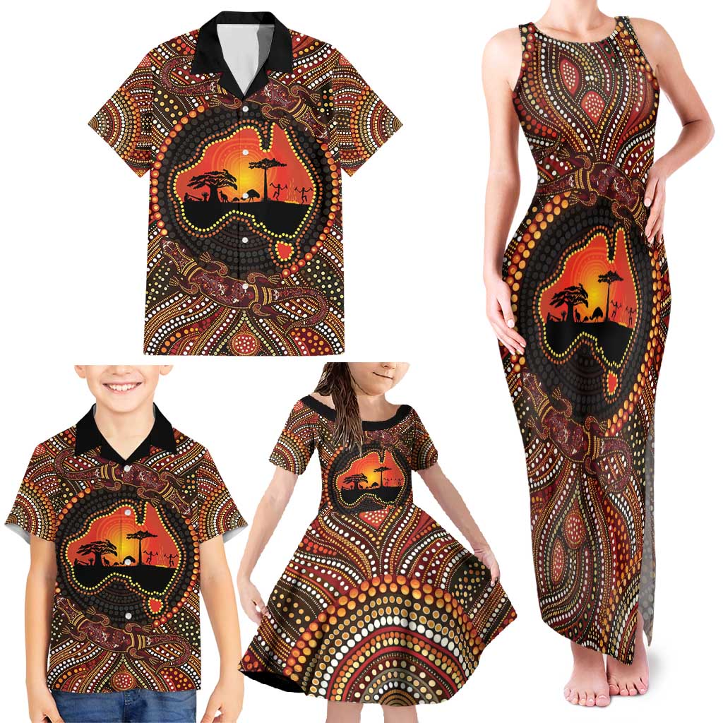 Lizard and Australia Map Family Matching Tank Maxi Dress and Hawaiian Shirt Aboriginal Dot Painting