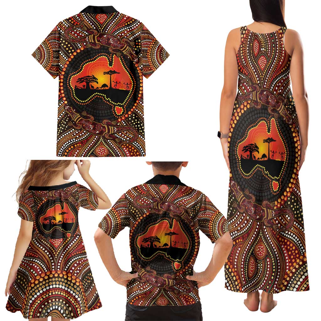 Lizard and Australia Map Family Matching Tank Maxi Dress and Hawaiian Shirt Aboriginal Dot Painting