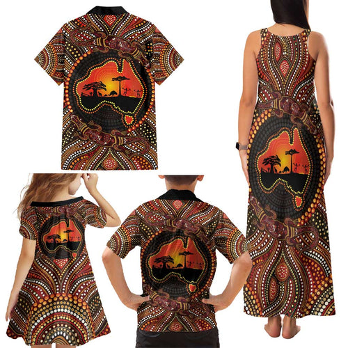 Lizard and Australia Map Family Matching Tank Maxi Dress and Hawaiian Shirt Aboriginal Dot Painting
