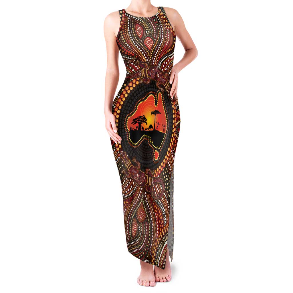 Lizard and Australia Map Family Matching Tank Maxi Dress and Hawaiian Shirt Aboriginal Dot Painting
