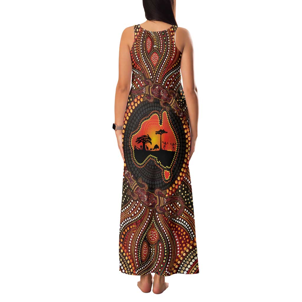 Lizard and Australia Map Family Matching Tank Maxi Dress and Hawaiian Shirt Aboriginal Dot Painting