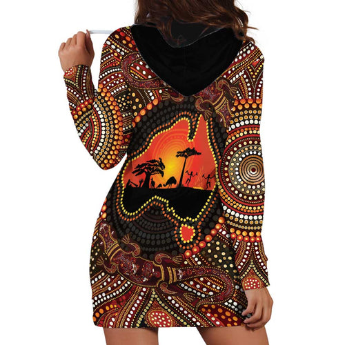 Lizard and Australia Map Hoodie Dress Aboriginal Dot Painting