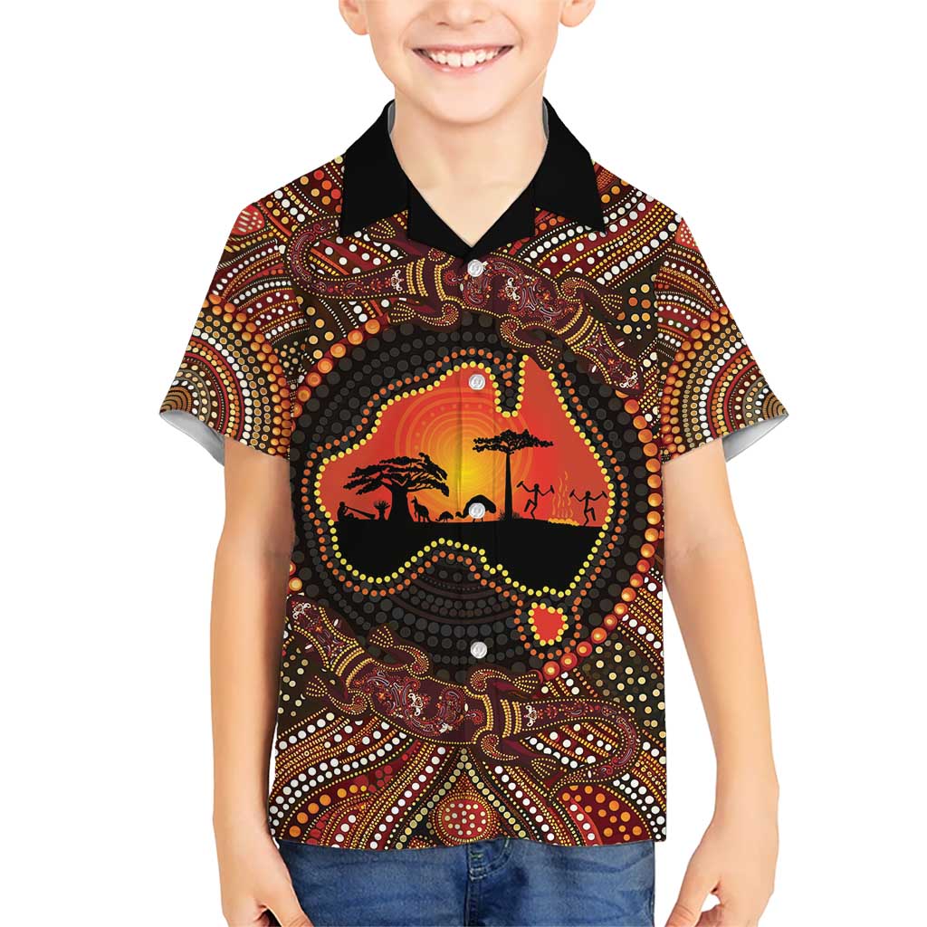 Lizard and Australia Map Kid Hawaiian Shirt Aboriginal Dot Painting