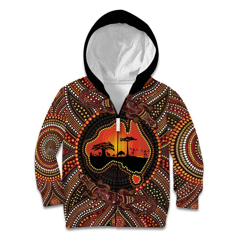 Lizard and Australia Map Kid Hoodie Aboriginal Dot Painting
