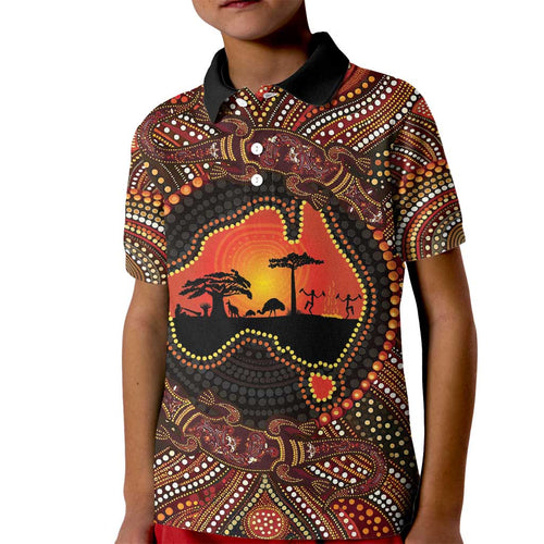 Lizard and Australia Map Kid Polo Shirt Aboriginal Dot Painting