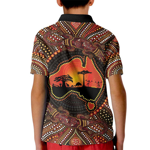 Lizard and Australia Map Kid Polo Shirt Aboriginal Dot Painting