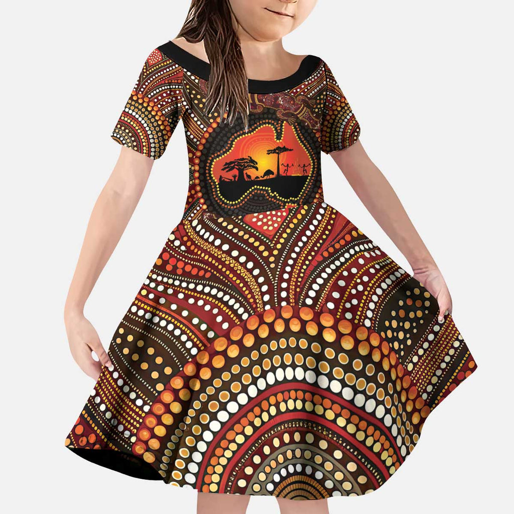Lizard and Australia Map Kid Short Sleeve Dress Aboriginal Dot Painting