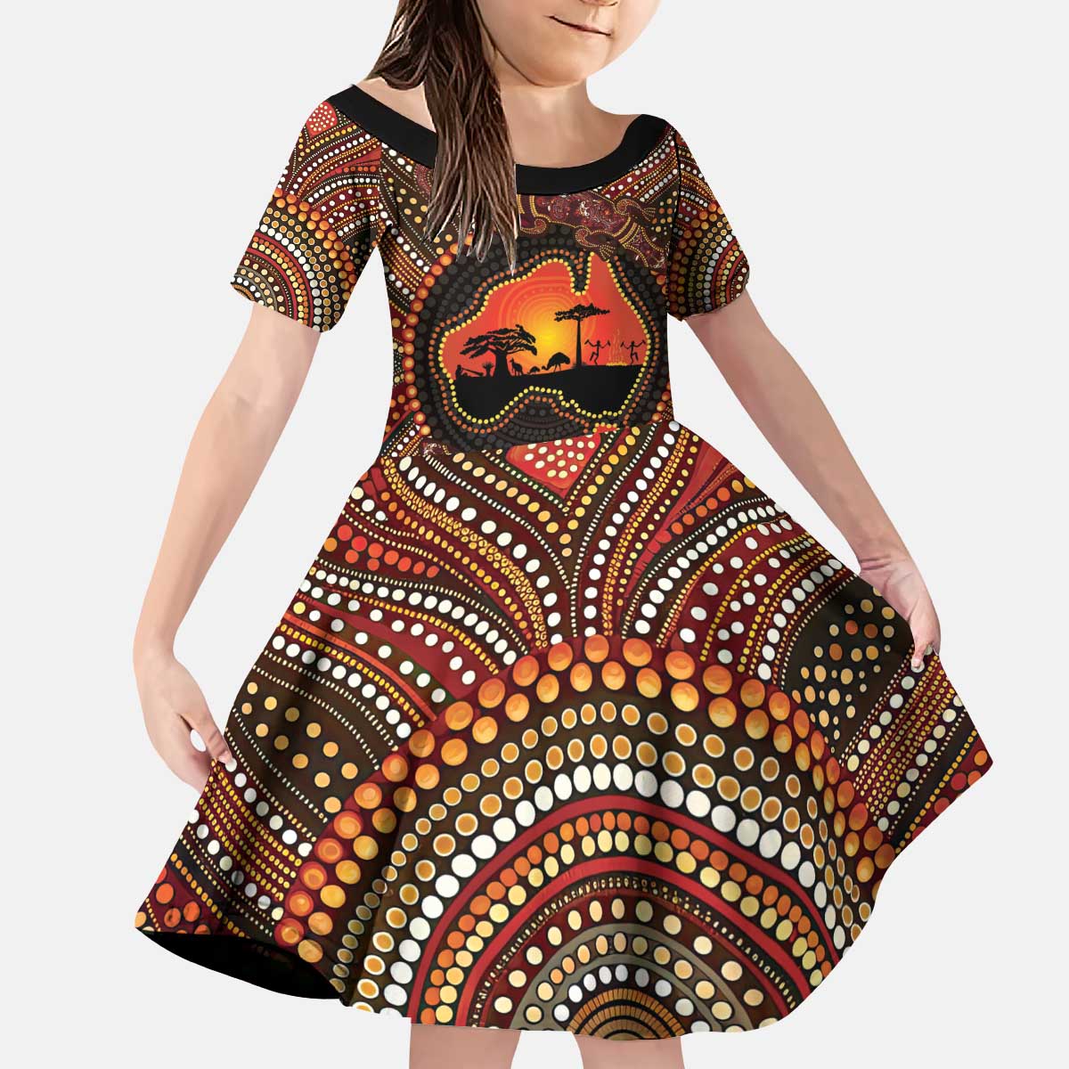 Lizard and Australia Map Kid Short Sleeve Dress Aboriginal Dot Painting