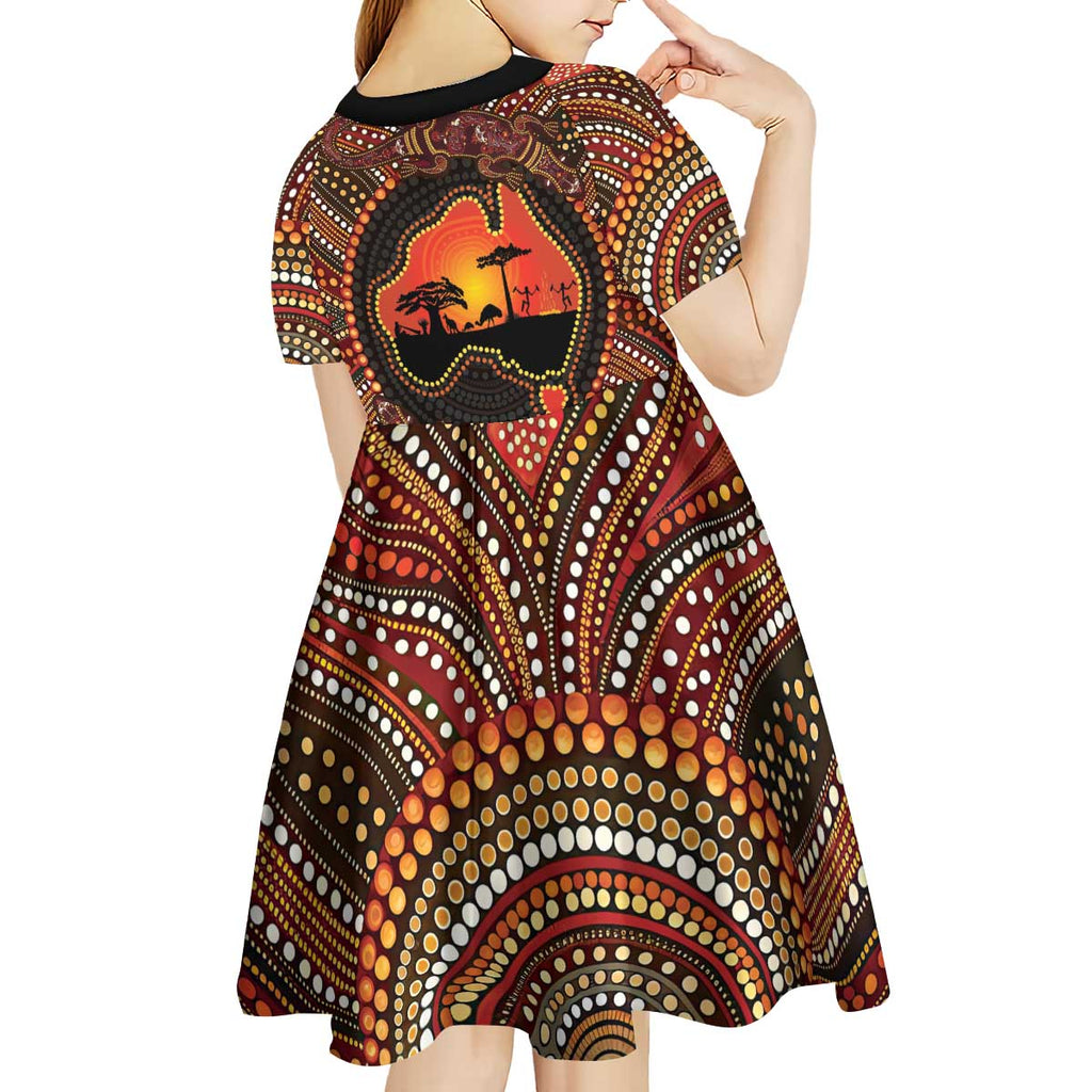 Lizard and Australia Map Kid Short Sleeve Dress Aboriginal Dot Painting