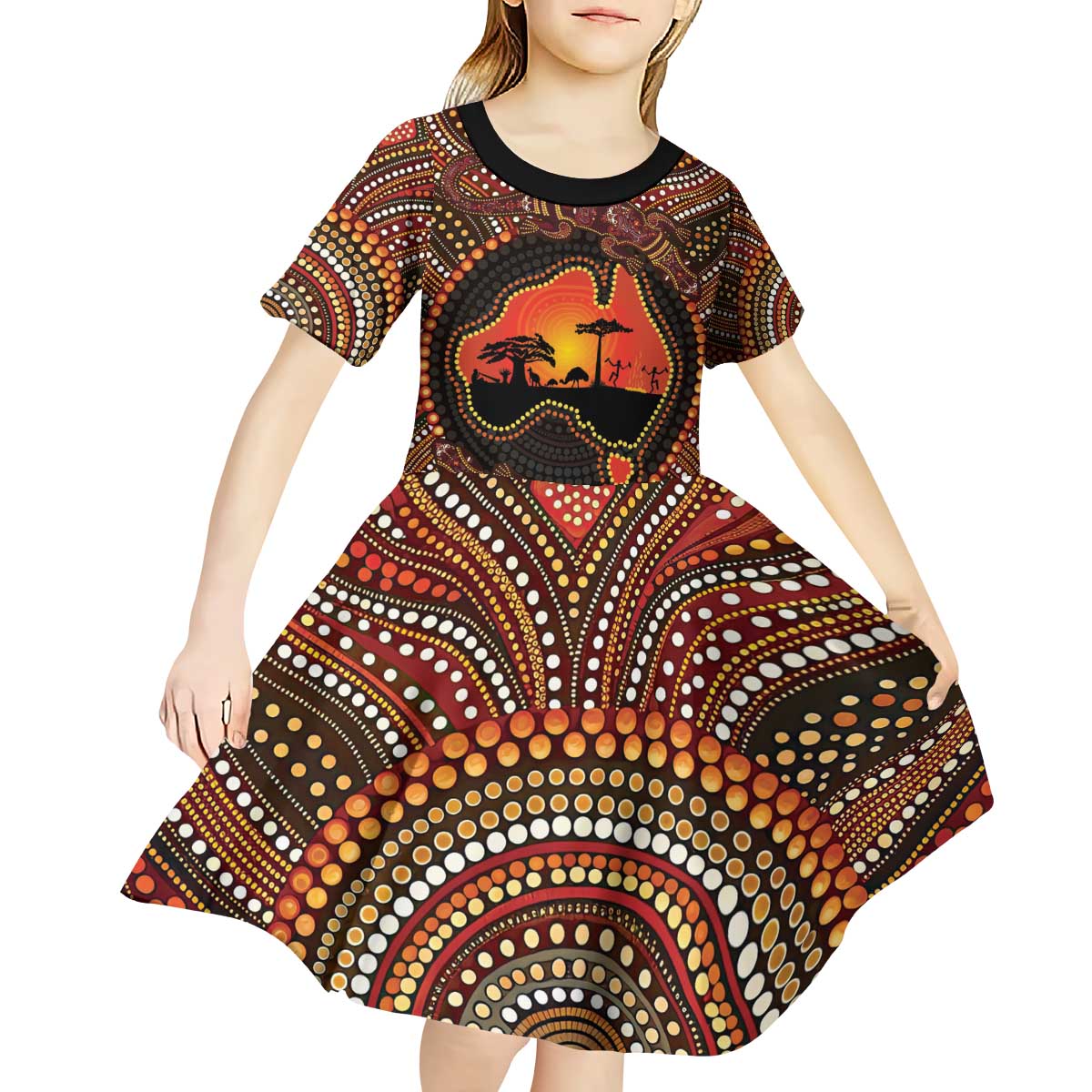 Lizard and Australia Map Kid Short Sleeve Dress Aboriginal Dot Painting