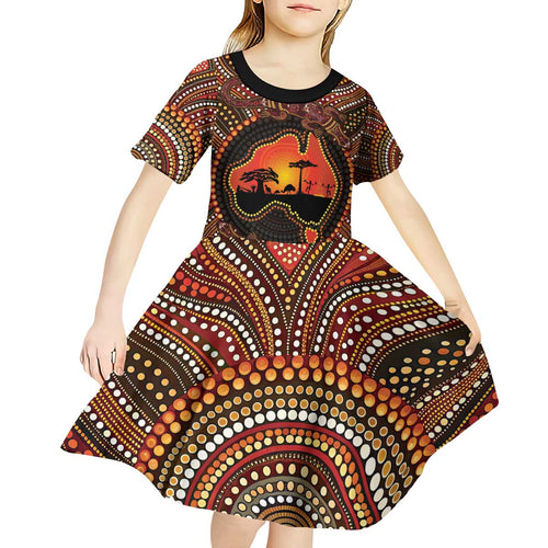 Lizard and Australia Map Kid Short Sleeve Dress Aboriginal Dot Painting