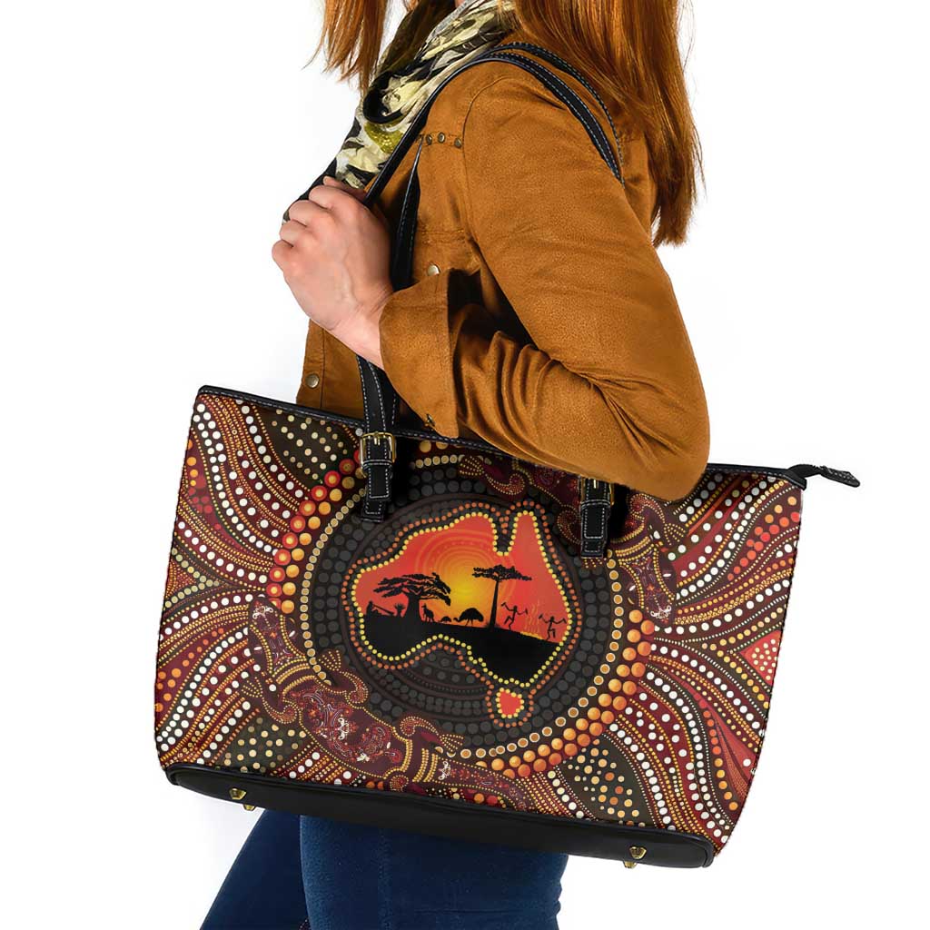 Lizard and Australia Map Leather Tote Bag Aboriginal Dot Painting