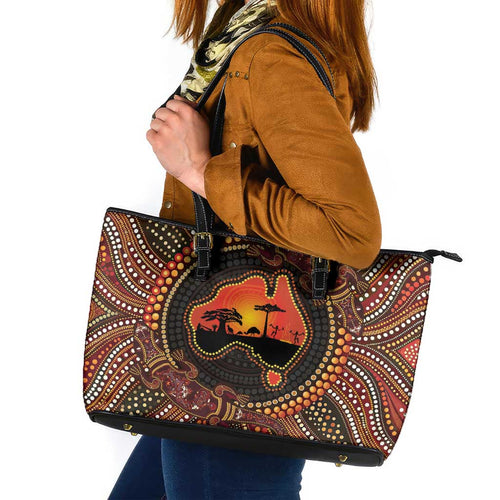 Lizard and Australia Map Leather Tote Bag Aboriginal Dot Painting
