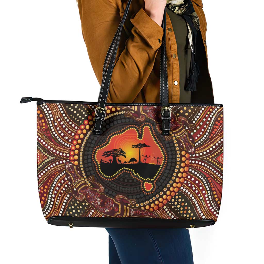 Lizard and Australia Map Leather Tote Bag Aboriginal Dot Painting