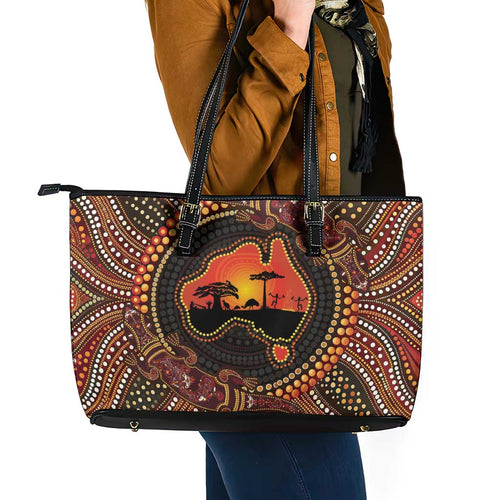 Lizard and Australia Map Leather Tote Bag Aboriginal Dot Painting