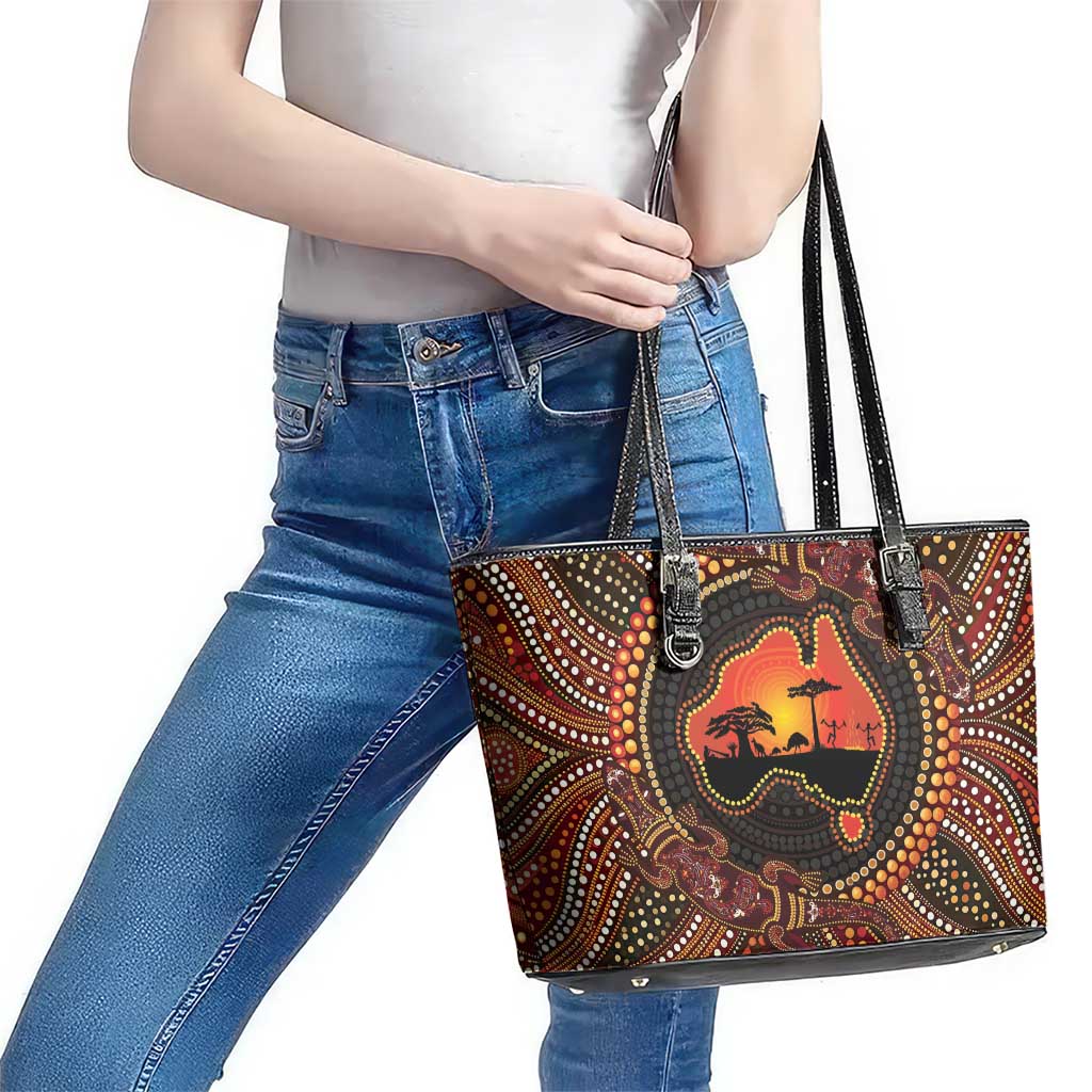 Lizard and Australia Map Leather Tote Bag Aboriginal Dot Painting