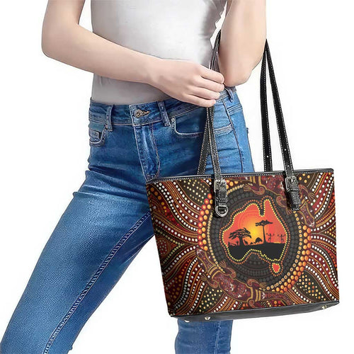 Lizard and Australia Map Leather Tote Bag Aboriginal Dot Painting