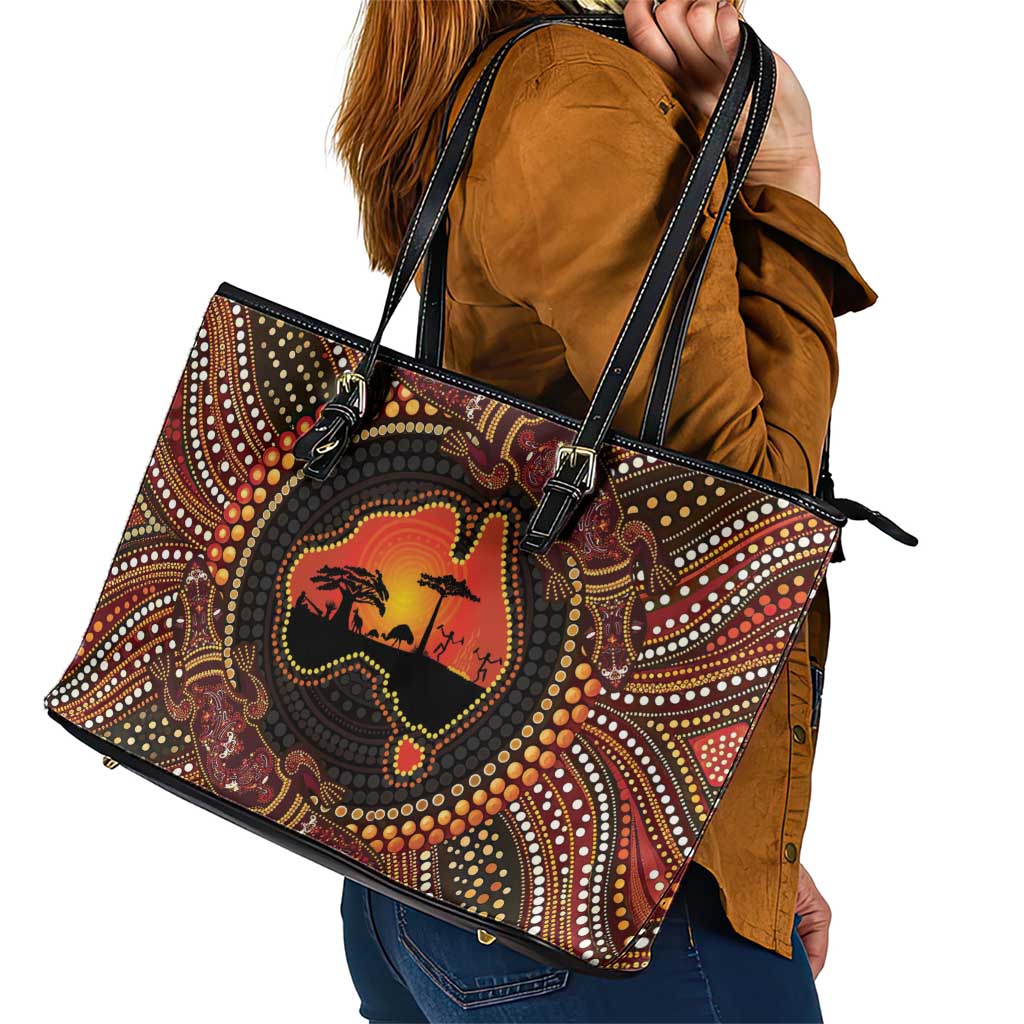 Lizard and Australia Map Leather Tote Bag Aboriginal Dot Painting