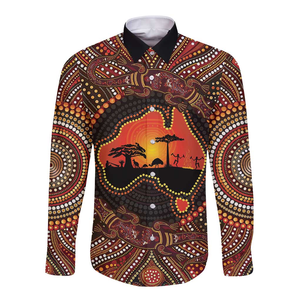Lizard and Australia Map Long Sleeve Button Shirt Aboriginal Dot Painting