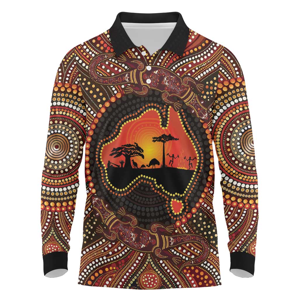 Lizard and Australia Map Long Sleeve Polo Shirt Aboriginal Dot Painting