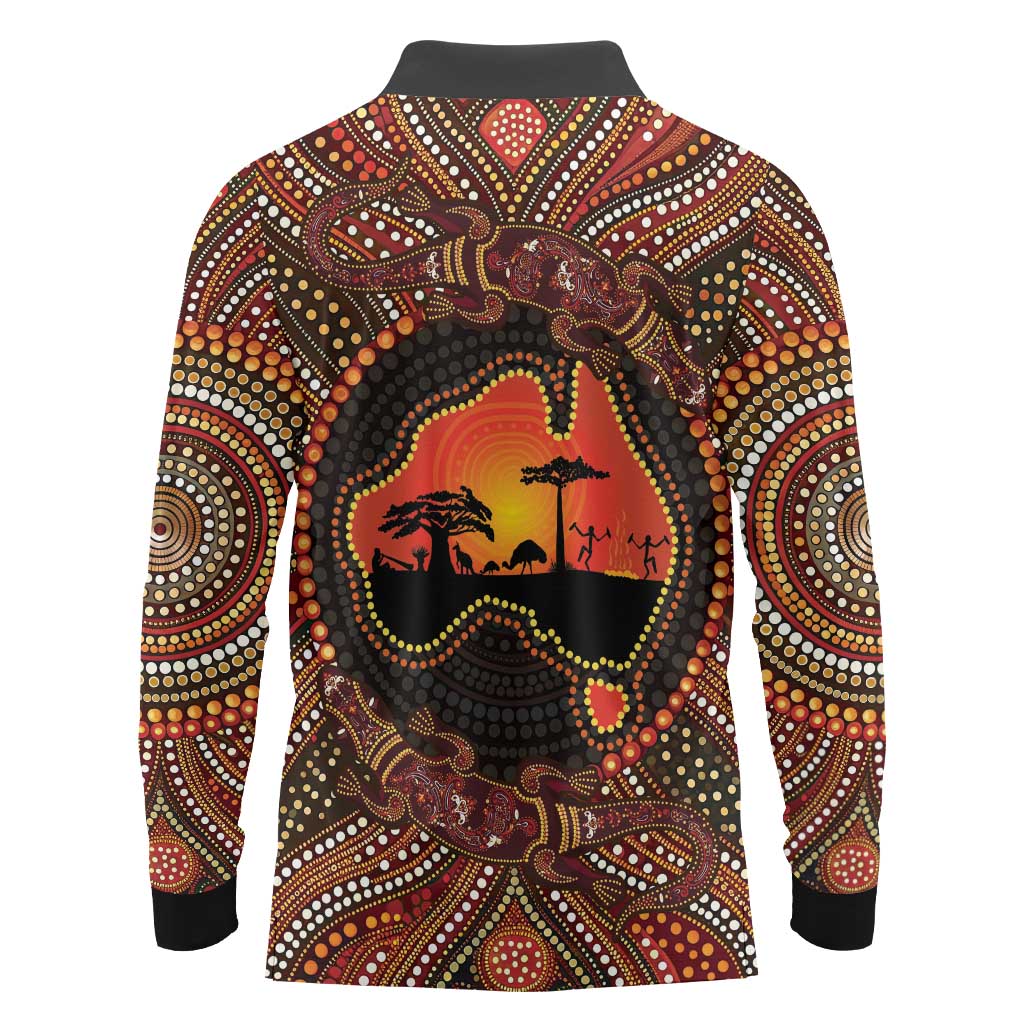 Lizard and Australia Map Long Sleeve Polo Shirt Aboriginal Dot Painting