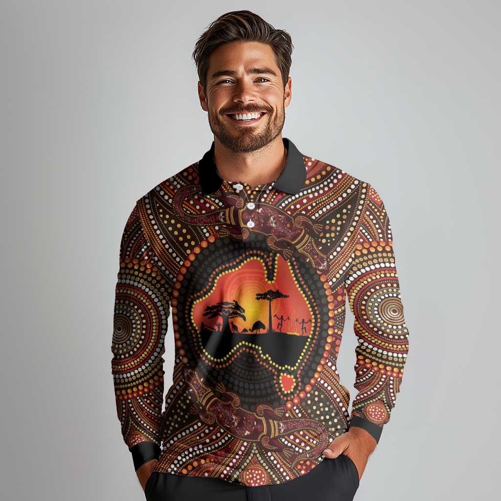 Lizard and Australia Map Long Sleeve Polo Shirt Aboriginal Dot Painting