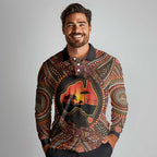 Lizard and Australia Map Long Sleeve Polo Shirt Aboriginal Dot Painting
