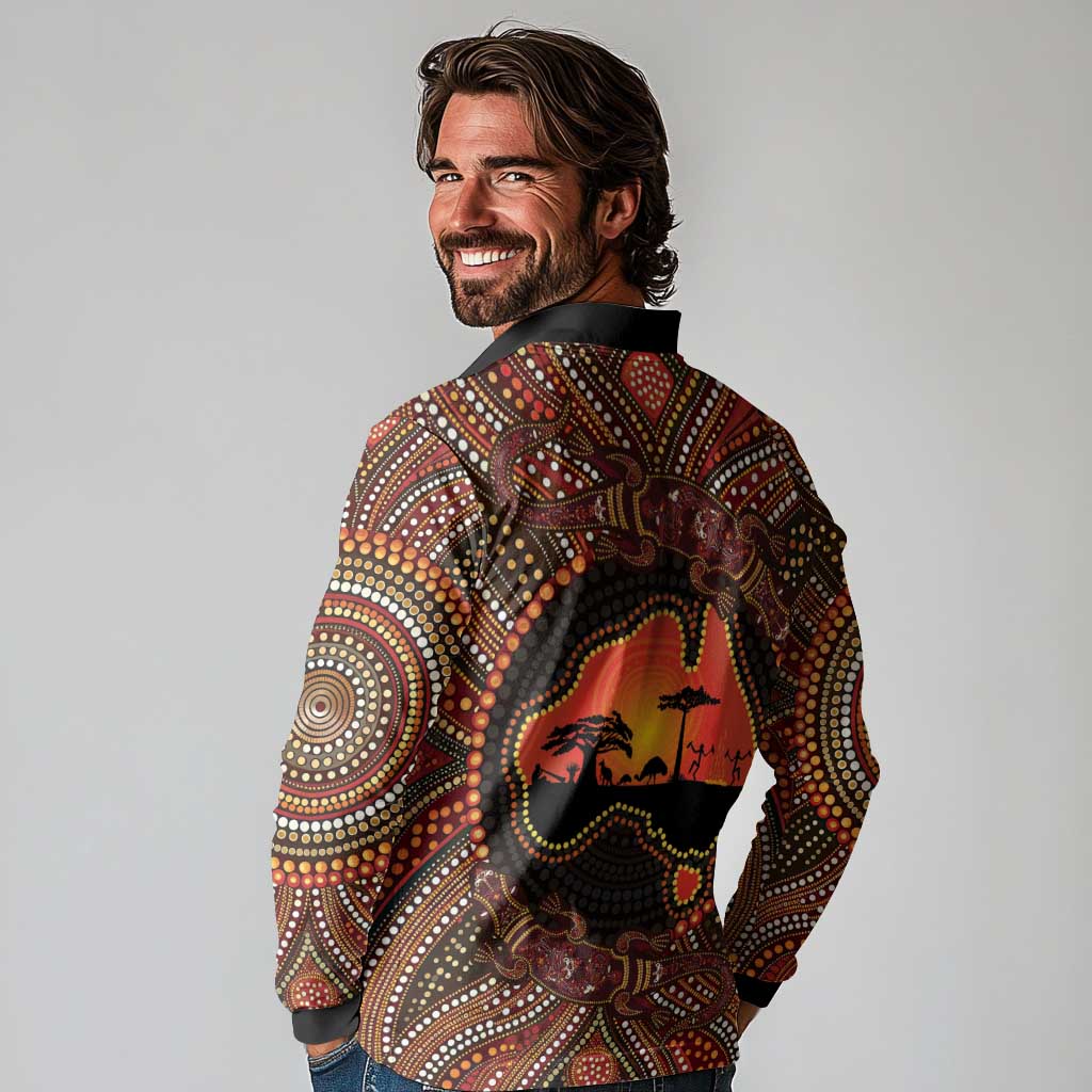 Lizard and Australia Map Long Sleeve Polo Shirt Aboriginal Dot Painting