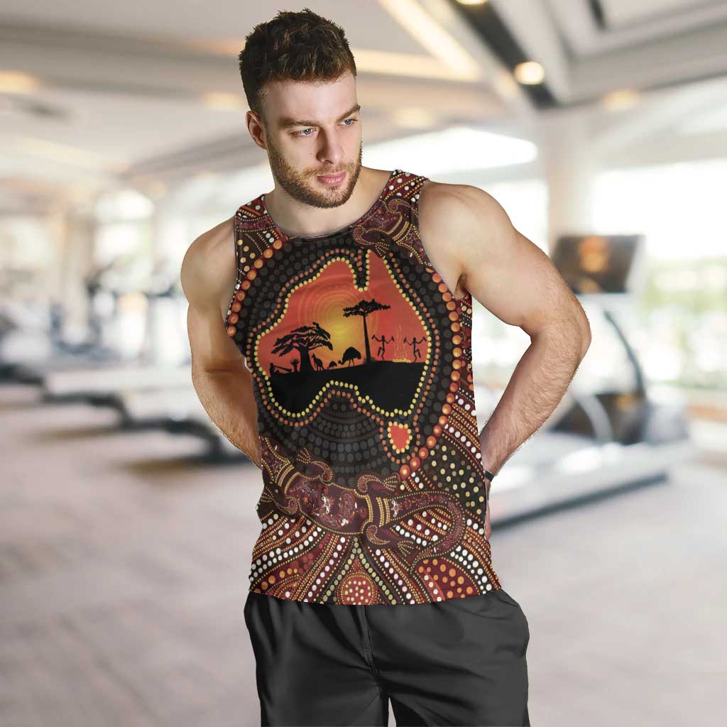 Lizard and Australia Map Men Tank Top Aboriginal Dot Painting