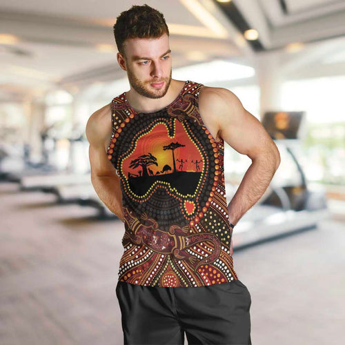Lizard and Australia Map Men Tank Top Aboriginal Dot Painting
