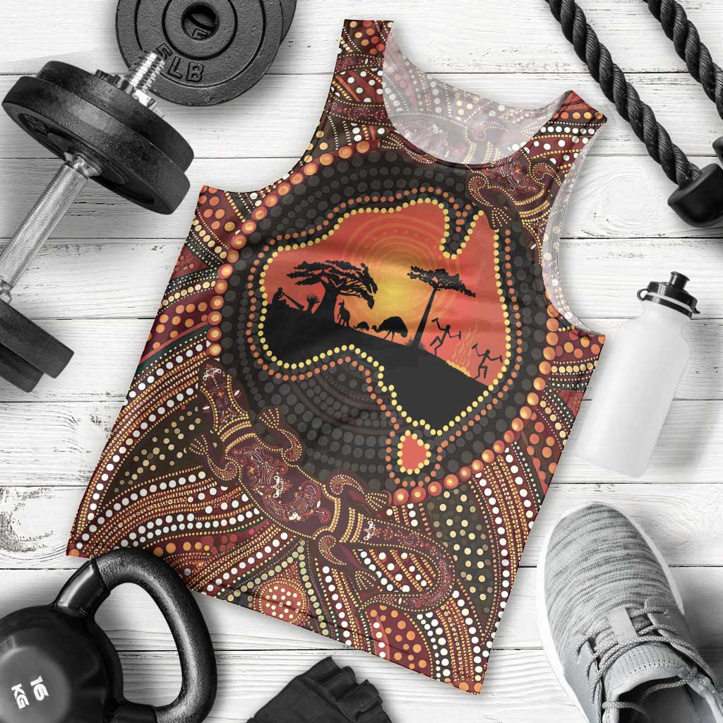 Lizard and Australia Map Men Tank Top Aboriginal Dot Painting