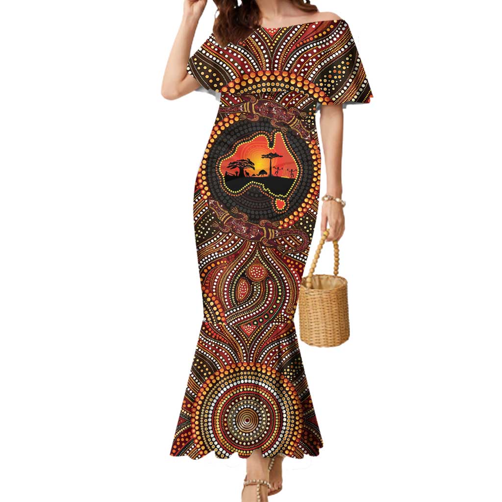 Lizard and Australia Map Mermaid Dress Aboriginal Dot Painting