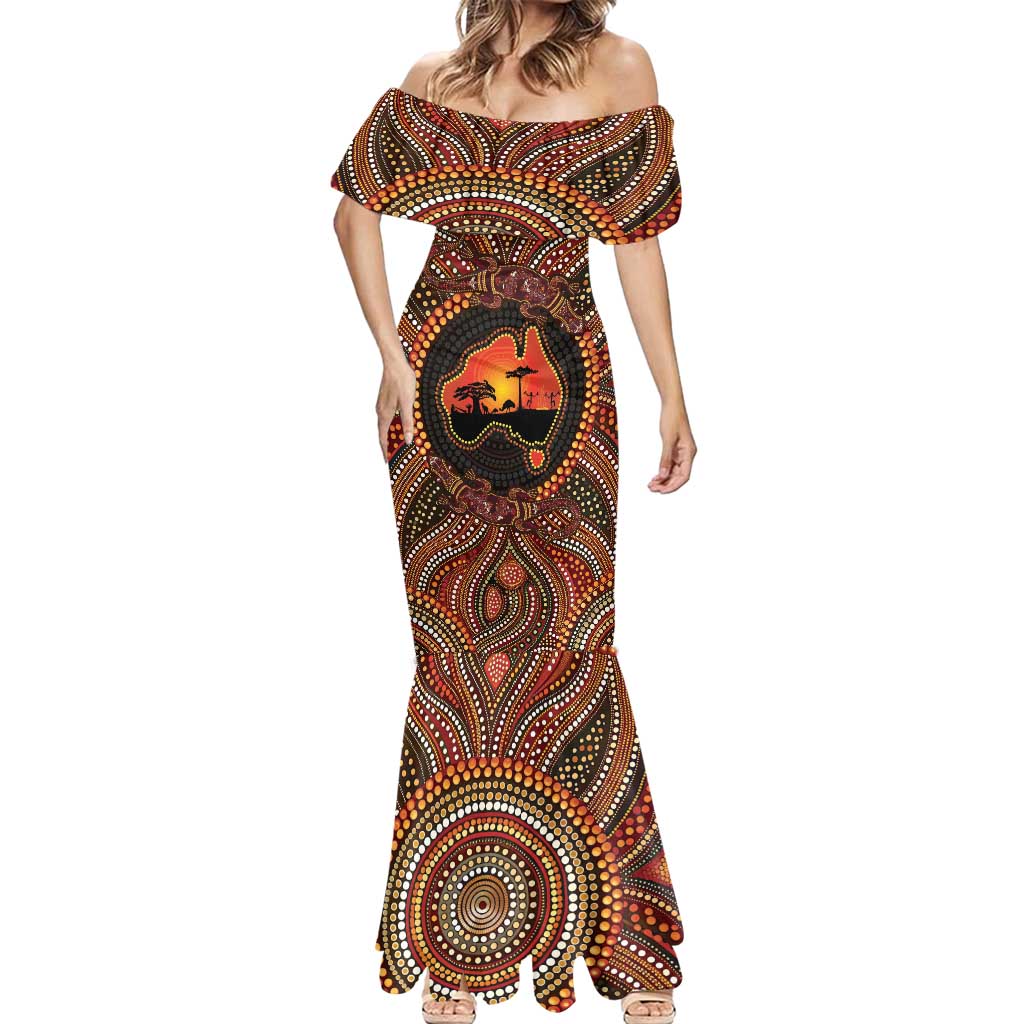 Lizard and Australia Map Mermaid Dress Aboriginal Dot Painting