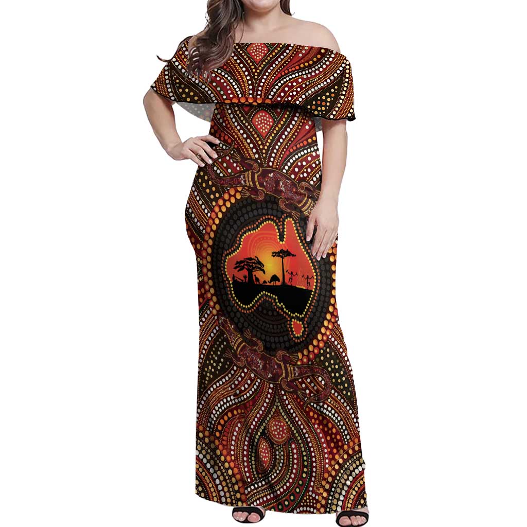Lizard and Australia Map Off Shoulder Maxi Dress Aboriginal Dot Painting
