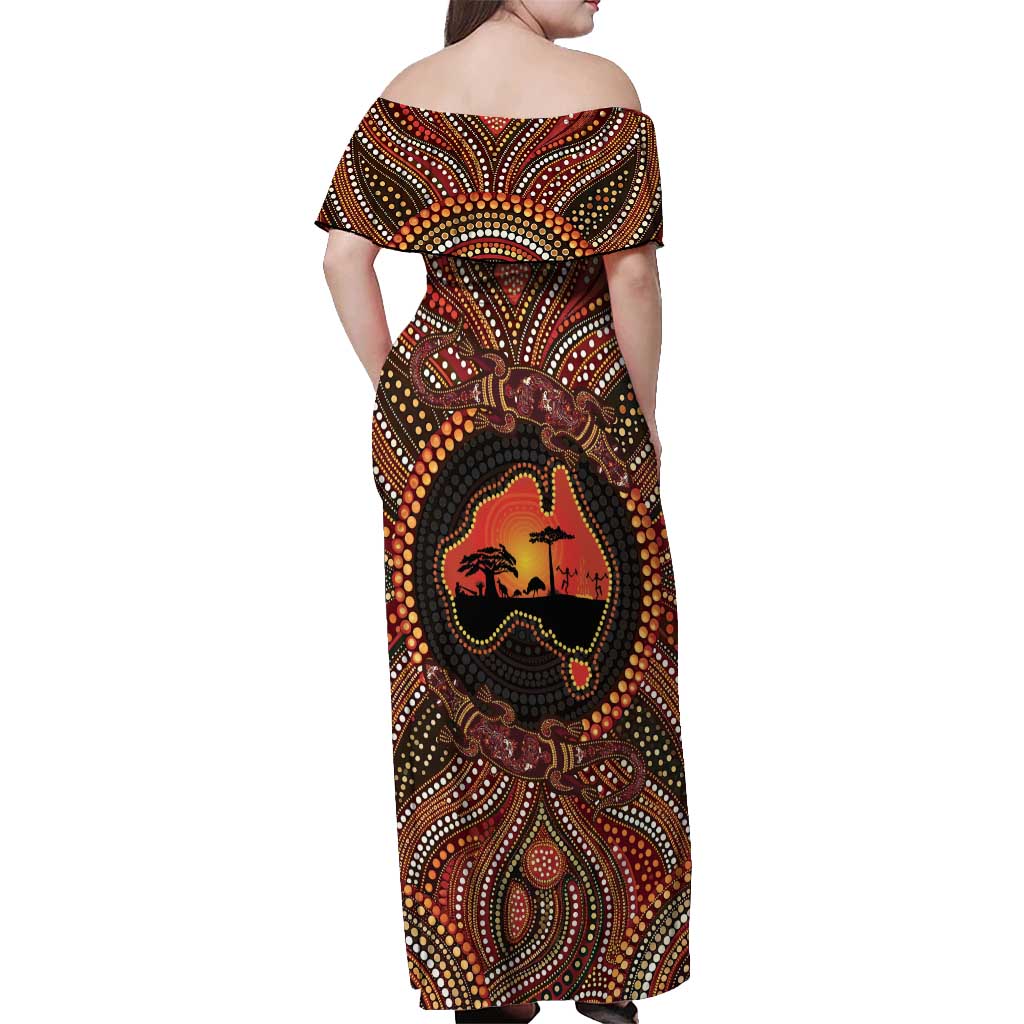 Lizard and Australia Map Off Shoulder Maxi Dress Aboriginal Dot Painting