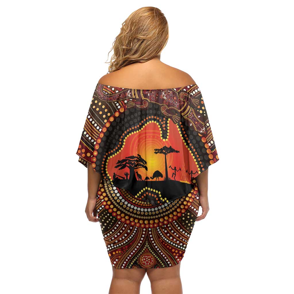 Lizard and Australia Map Off Shoulder Short Dress Aboriginal Dot Painting
