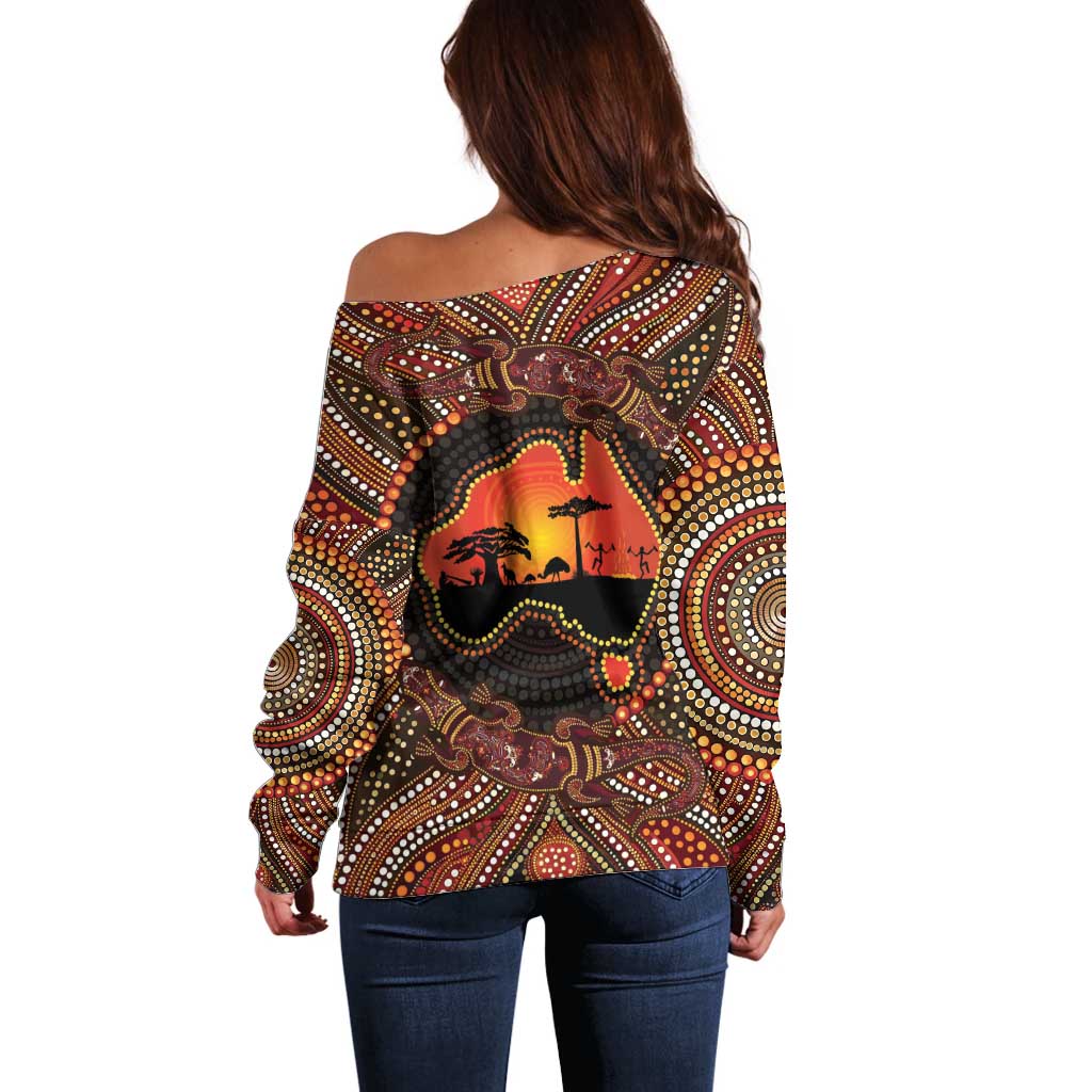 Lizard and Australia Map Off Shoulder Sweater Aboriginal Dot Painting