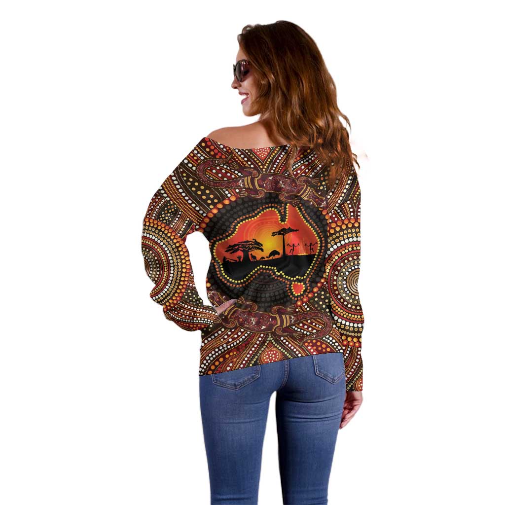 Lizard and Australia Map Off Shoulder Sweater Aboriginal Dot Painting