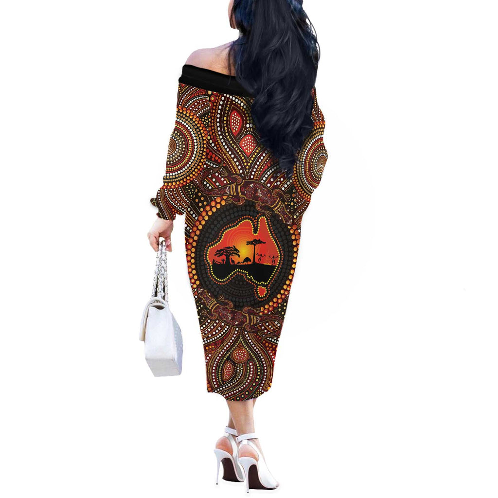Lizard and Australia Map Off The Shoulder Long Sleeve Dress Aboriginal Dot Painting
