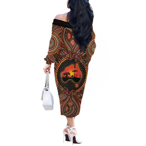 Lizard and Australia Map Off The Shoulder Long Sleeve Dress Aboriginal Dot Painting