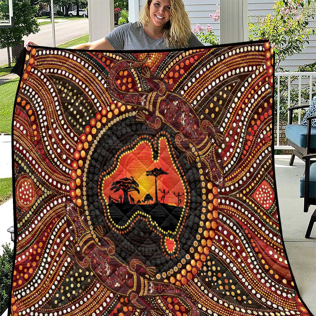 Lizard and Australia Map Quilt Aboriginal Dot Painting