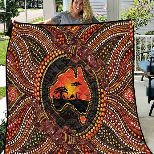 Lizard and Australia Map Quilt Aboriginal Dot Painting