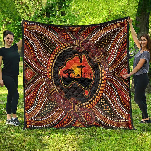 Lizard and Australia Map Quilt Aboriginal Dot Painting