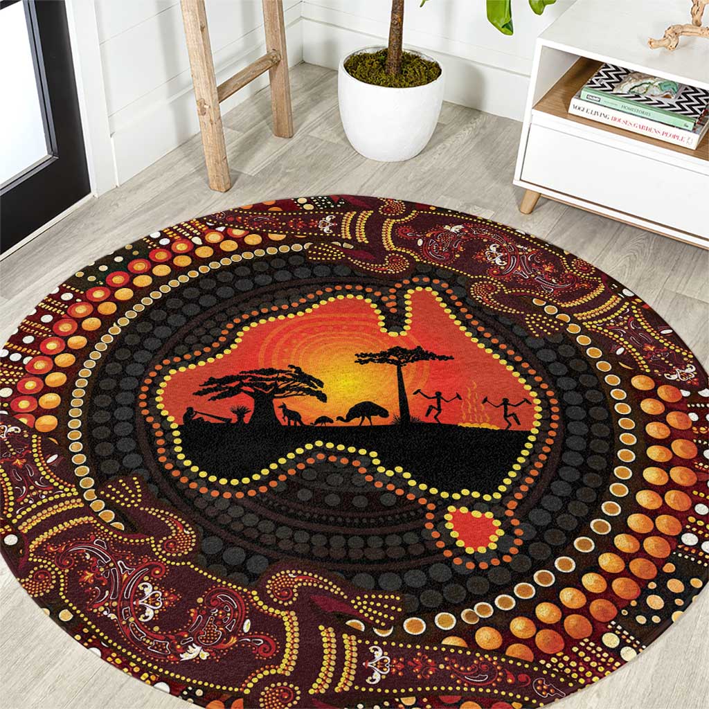 Lizard and Australia Map Round Carpet Aboriginal Dot Painting
