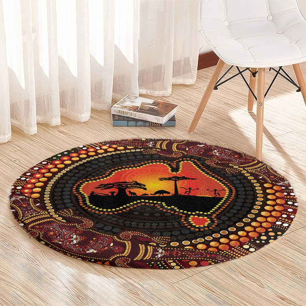Lizard and Australia Map Round Carpet Aboriginal Dot Painting