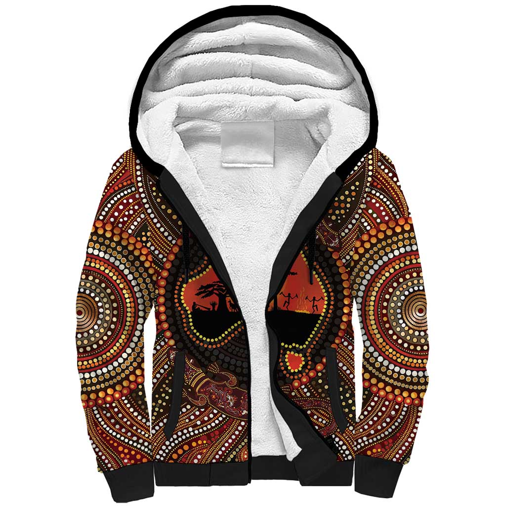 Lizard and Australia Map Sherpa Hoodie Aboriginal Dot Painting
